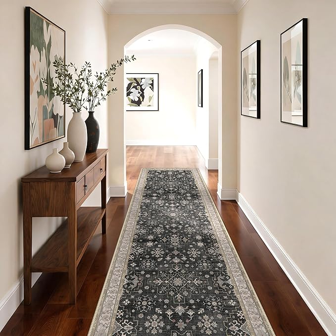 GENIMO 2‘6‘’x10 Runner Rug,Machine Washable Non-Slip Vintage Rugs,Low Pile Lightweight Carpet for Bedroom,Hallway,Entryway,Kitchen,Bathroom,Black