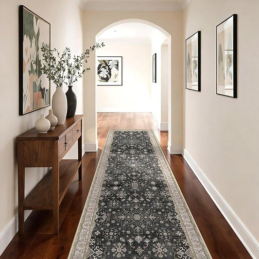 GENIMO 2‘6‘’x10 Runner Rug,Machine Washable Non-Slip Vintage Rugs,Low Pile Lightweight Carpet for Bedroom,Hallway,Entryway,Kitchen,Bathroom,Black