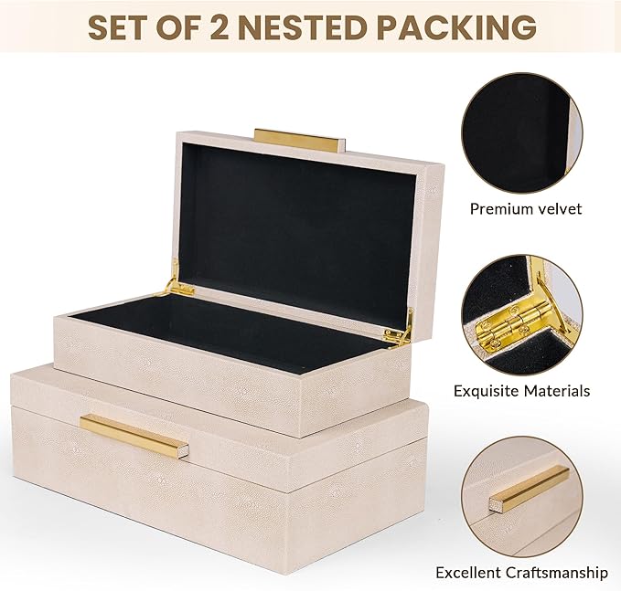 Hanna Roberts Faux Leather Stackable Nesting Jewelry Box with Lids Organizer – Set of 2 Beige Shagreen Decorative Storage Boxes with Gold Metal Handles