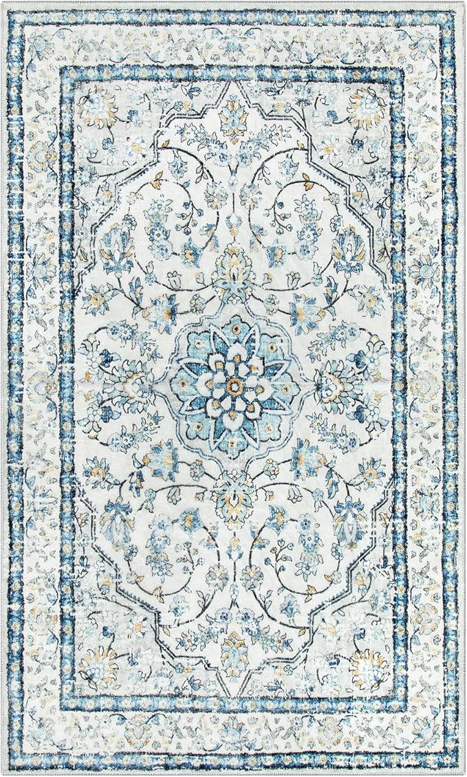 Lahome Oriental Blue Rug,Washable 3x5 Entryway Rugs Non-Slip with Rubber Backing,Soft Boho Front Door Carpet Indoor Entrance,Traditional Vintage Thin Throw Mats for Bathroom Bedroom Kitchen,(3x5ft)