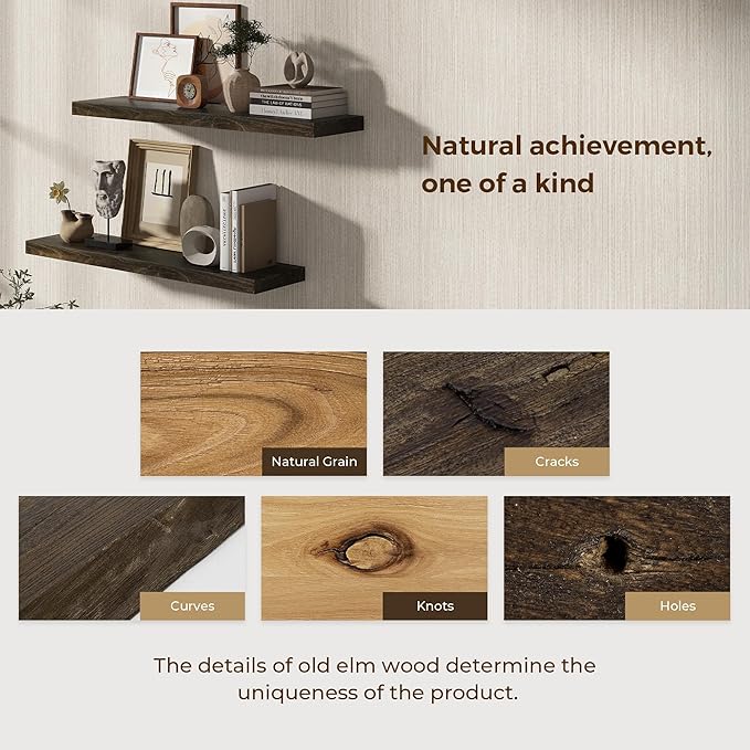 Dreamland Rustic Wood Floating Shelves for Wall Decor, Elm Wood Shelves 48 Inch Long, 8 Inch Deep Floating Shelf for Living Room Bathroom Bedroom Kitchen, 48 x 8 Wall Shelves Set of 1, Walnut Color