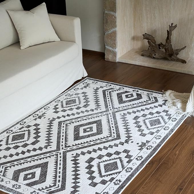 RAMEFILD Moroccan Washable Area Rug 4x6, Geometric Decorative Woven Rug Low Pile, Non-Slip Boho Accent Farmhouse Area Rug for Living Room Laundry Bedroom Dining Table, Dark Brown/White