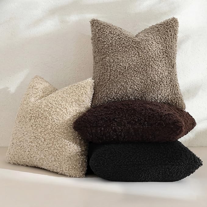 decorUhome Pack of 2 Throw Pillow Covers 20x20 Inch, Faux Fur Decorative Sherpa Pillow Covers Fuzzy Accent Soft Sheepskin Fleece Pillow Cases for Couch Living Room Bed, Khaki