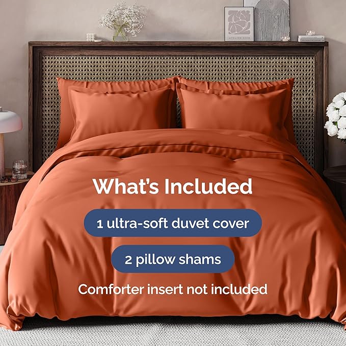 Duvet Cover Full Size Set - Extra Soft Full Size Duvet Cover 80 x 90 with 2 Pillow Shams - Hotel Luxury Easy Care and Fade Free w/Zipper Closures & Ties - Comfy Breathable Bedding Set (Terracotta)