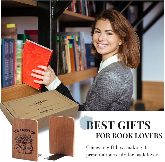 Book Lovers Gifts, Novelty Bookends Unique, Gifts for Book Lovers, Heavy Duty Wooden Book Ends for Shelves Decorative(1 Pair, 4.72x6.69 Inches) - Good Day