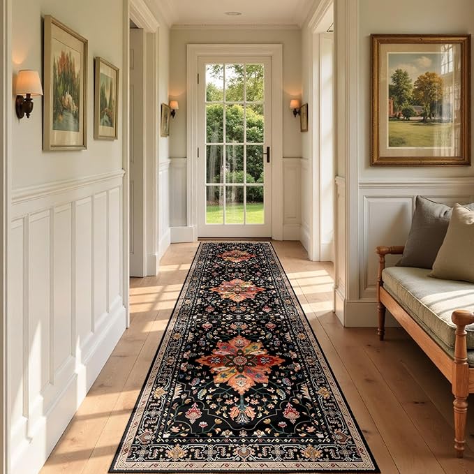 RELEANY Area Rugs 3'x9' Washable Non-Slip, Floral Vintage Distress Print Pattern Medallion Carpet for Living Room Bedroom Dining Room, Black Colorful Floral Dark Tan