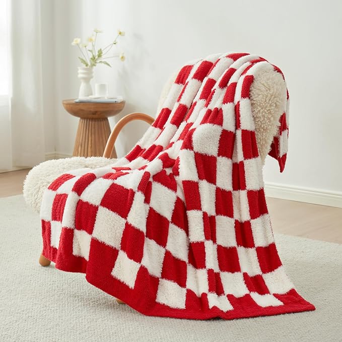 Snuggle Sac Red Checkered Christmas Blanket, Fluffy Faux Fur Ultra Soft Warm Microfiber Throw Blankets for Couch, Sofa, Chair, Bed, Red Checker, 50x60 inches