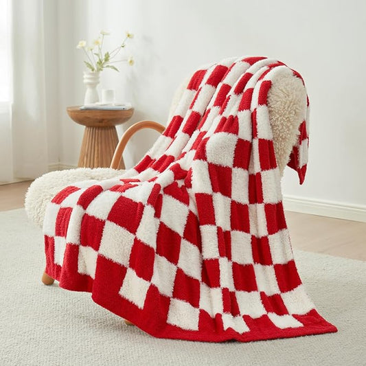 Snuggle Sac Red Checkered Christmas Blanket, Fluffy Faux Fur Ultra Soft Warm Microfiber Throw Blankets for Couch, Sofa, Chair, Bed, Red Checker, 50x60 inches