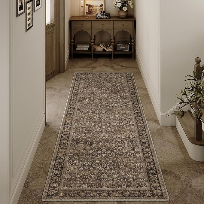 HUGEAR 2x5 Runner Rug Machine Washable Brown Hallway Area Rugs Indoor Accent Rugs Floral Low Pile Carpet Distressed Throw Rug Bedroom Living Room Office Dining Kitchen Laundry Non Slip