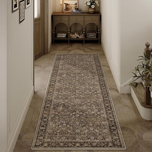 HUGEAR 2x5 Runner Rug Machine Washable Brown Hallway Area Rugs Indoor Accent Rugs Floral Low Pile Carpet Distressed Throw Rug Bedroom Living Room Office Dining Kitchen Laundry Non Slip