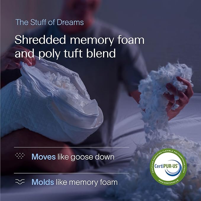 DreamyBlue Signature Pillow w/Adjustable Loft • Shredded Memory Foam Fill • Neutral Alignment for Side, Back, and Stomach Sleepers • Washable Bamboo Rayon Cover • CertiPUR-US Certified Foam (Queen)