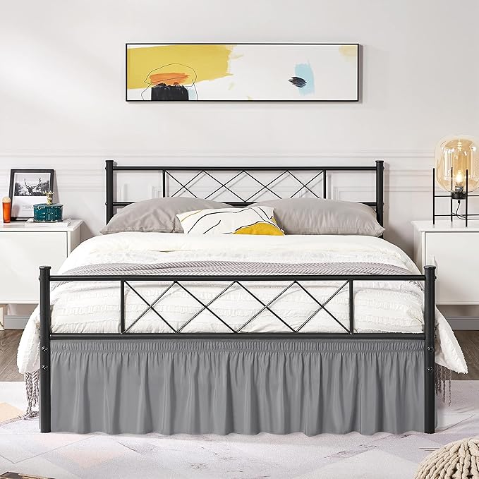 Biscaynebay Wrap Around Bed Skirts with Split Corners for King Beds 14" Drop, Silver Grey Elastic Dust Ruffles Adjustable Easy Fit Wrinkle & Fade Resistant Silky Luxurious Fabric Machine Washable