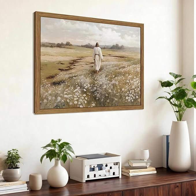 Framed Jesus Wall Art, Vintage Christian Canvas Wall Decor Pictures, Jesus Walking in Field Posters Prints, Rustic Religious Home Decor for Living Room Bedroom Church Prayer Room 16x24 Inch