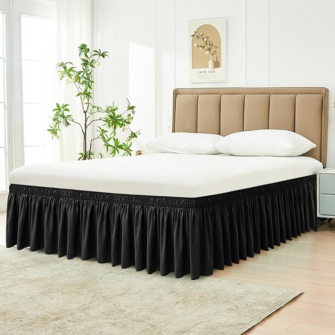 Biscaynebay Wrap Around Bed Skirts for Queen Beds 19" Long Drop, Black Adjustable Elastic Dust Ruffles Easy Fit Wrinkle & Fade Resistant Silky Luxurious Fabric Solid Machine Washable