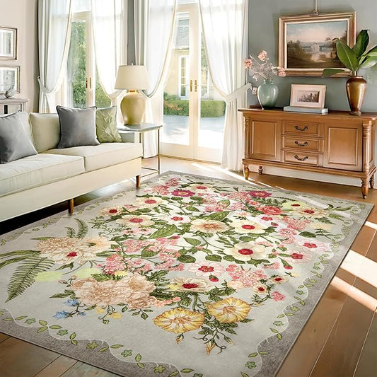 AREAMAY Floral Bedroom Rug - 4x6 Washable Area Rugs Non-Slip Soft Low-Pile Stain Resistant Carpet Flower Print Vintage Indoor Rug forLiving Room Dining Room Office Nursery Room, Grey