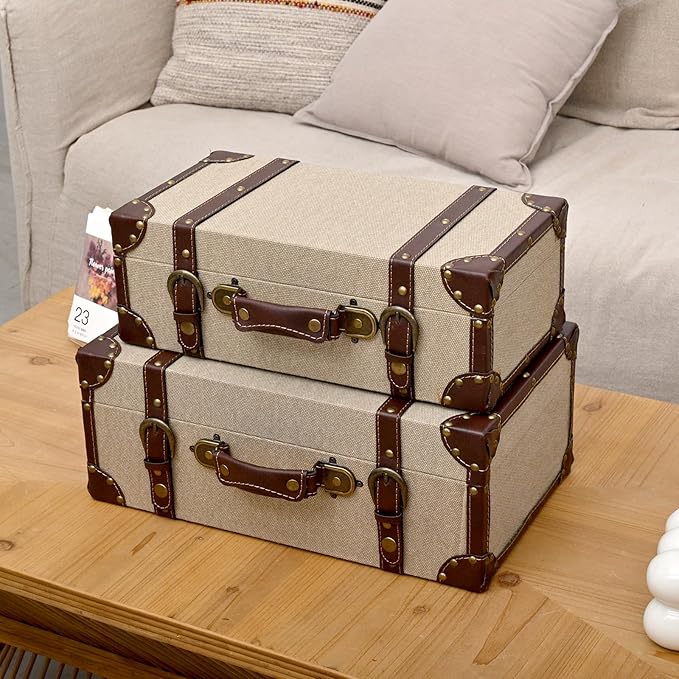DDECOR4SEASON Set of 2 Decorative Vintage Storage Trunks, Natural Canvas Wrapped Wood Keepsake Boxes with Faux Leather Trim and Antique Accents, Stackable Nesting Chests for Home Décor