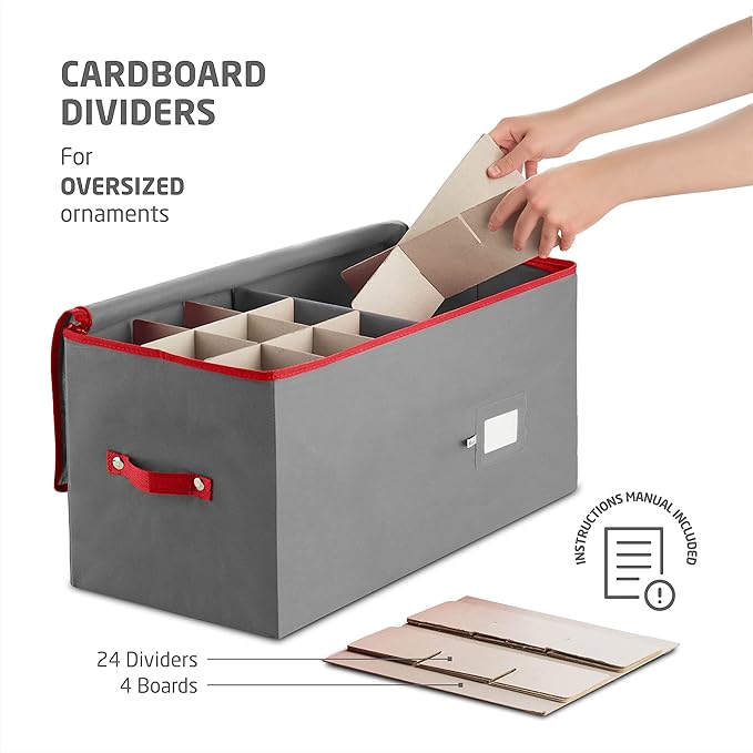 ZOBER Large Christmas Ornament Storage Box - Stores 54 4" Large Ornaments, With Dividers - Ornament Organizer Storage Box, Durable Christmas Containers Holder, Dual Zipper - Gray