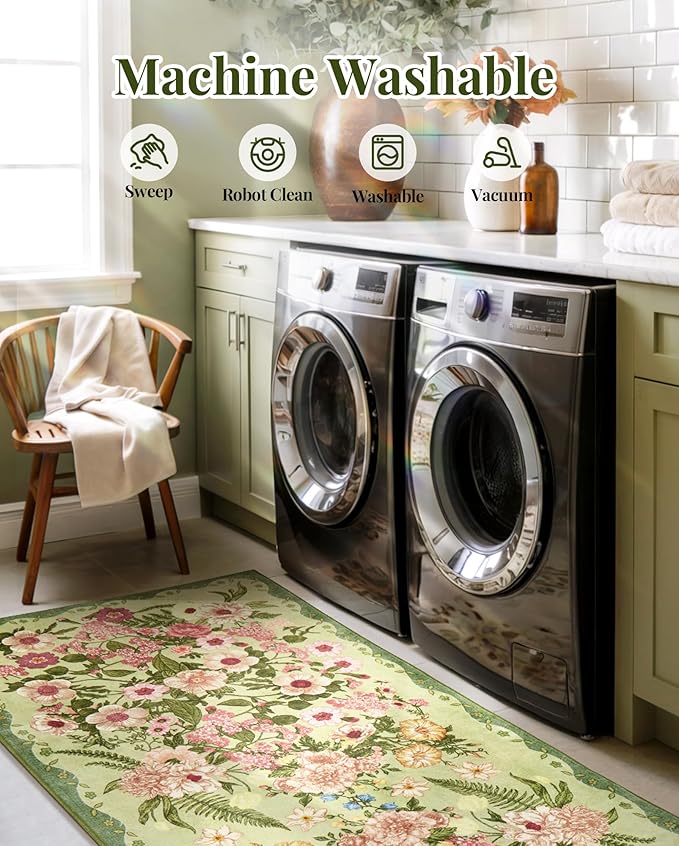 AREAMAY Floral Washable 5x7 Area Rugs - Living Room Rug Non Slip Low Pile Stain Resistant Carpets Indoor Vintage Flower Print Rug for Bedroom Dining Room Kitchen Home Office Green