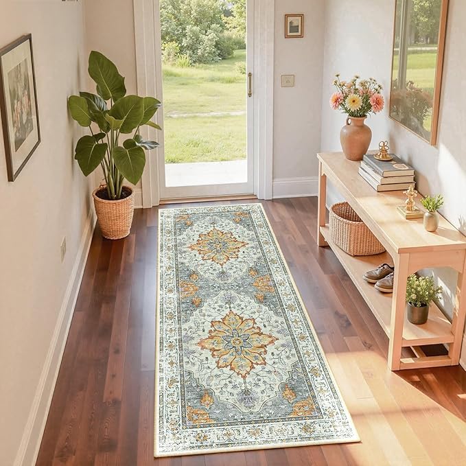 RELEANY Area Rugs 2'x6' Washable Non-Slip, Floral Vintage Distress Print Pattern Medallion Carpet for Living Room Bedroom Dining Room, Light Yellow Carbon Grey Orange