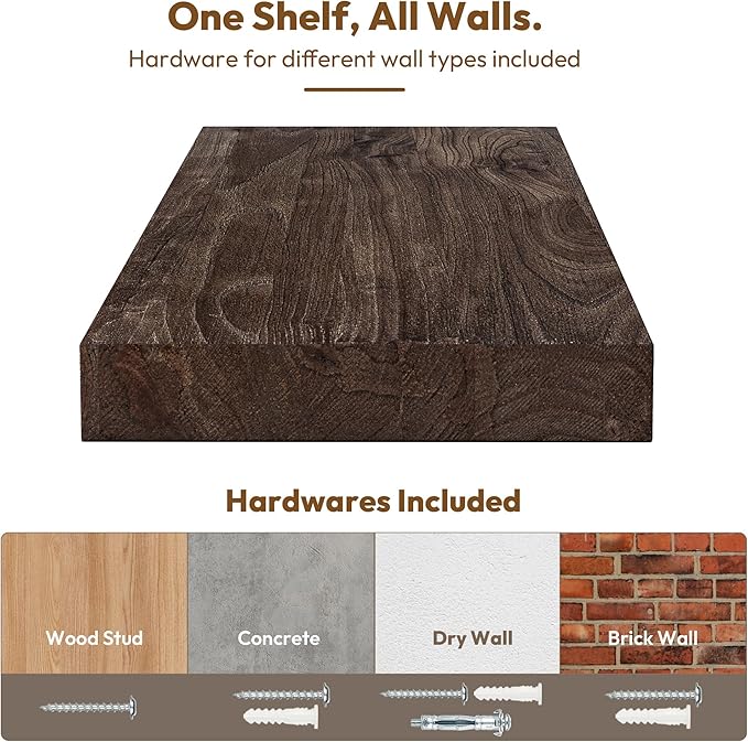 Vivelove Elm Wood Floating Shelves, Wooden Shelves For Wall With Invisible Bracket For Living Room Bedroom Bathroom Office Book, Rustic Farmhouse Decor Storage & Display, 48 Inch Set Of 1- Dark Walnut