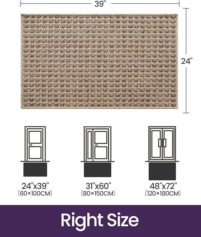 DEXI Dirt Trapper Door Mat, 24x39 Washable Doormat, Dirt Resistant and Absorbent, Easy Clean Low-Profile Floor Rugs for Entryway, Front Door, and Inside Entrance, Checkered Beige