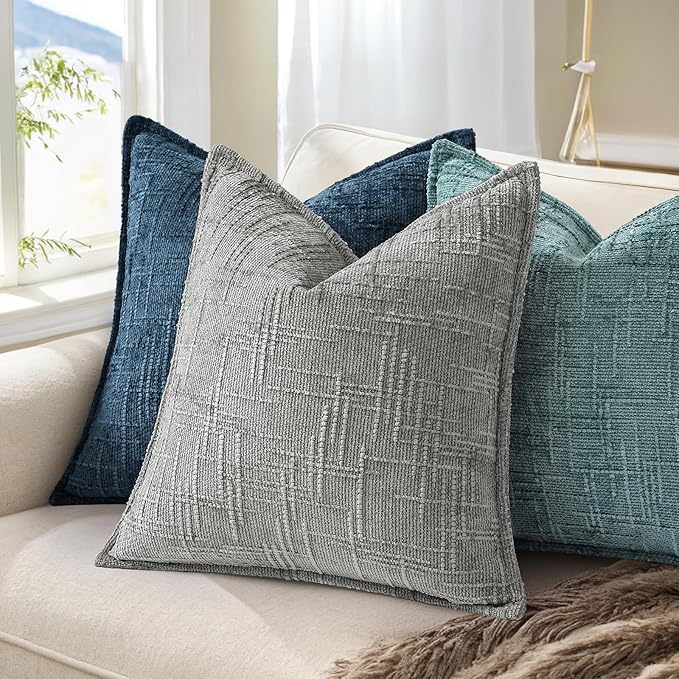decorUhome Chenille Throw Pillow Covers 18x18 Set of 2, Thick Textured Slubby Neutral Decorative Pillow Covers with Elegant Design for Couch, Sofa, Living Room, Neutral Grey