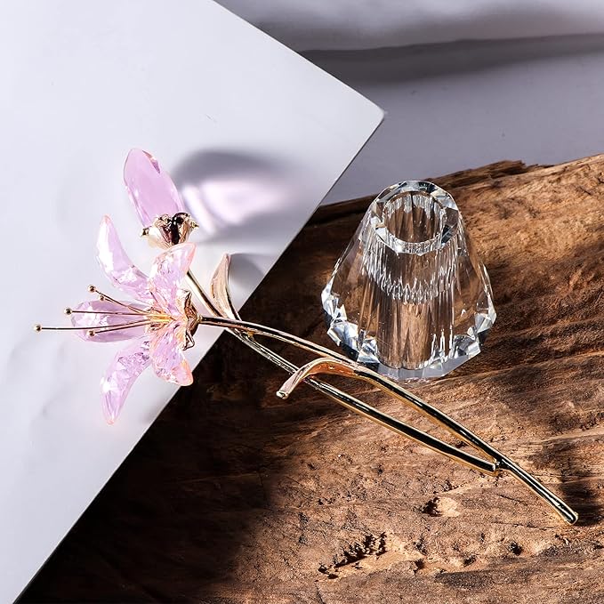 Movdyka Crystal Lily Flower Figurine with Stems, Handmade Collectible Statue for Decoration Mothers Day, Centerpiece, Bridal Shower Gift Pink