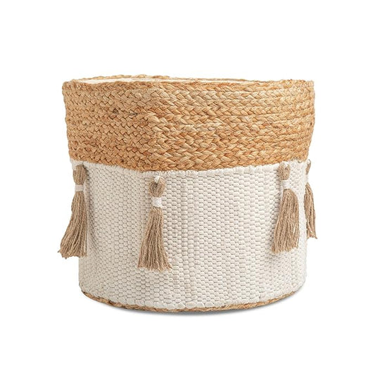 Crane Baby Boho Safari Nursery Decor Baby Storage Bin, Cotton & Jute Collapsible Fabric Basket Organizer, 13X12 Jute 13 X 12 Inches Beige