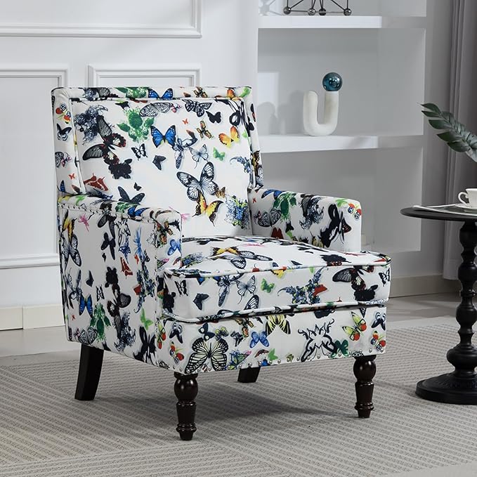 Yogald Vintage Accent Armchair, Mid Century Corner Chair with Nail-Head Trim, Comfy Upholstered Reading Chair, Mediterranean Chair for Living Room Bedroom Guest Room(Butterflies)