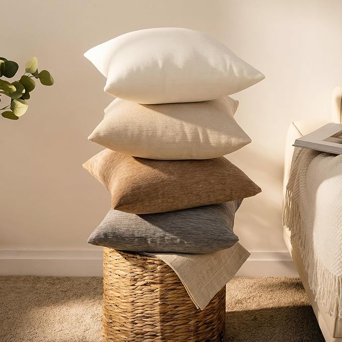 Set of 4 Neutral Throw Pillow Covers 16x16 Inch, Neutral Boho Farmhouse Aesthetic Decorative Pillow Cases for Couch, Sofa, Living Room & Bed, Soft Chenille Pillow Cases, Stylish Home Decor, 40x40 cm
