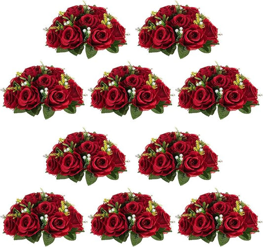 NUPTIO Flower Wedding Centrepieces for Tables - 10 Pcs 9.5in Diameter Crimson Artificial Flowers Rose Ball for Centerpieces Table - Fake Rose Arrangements for Weddings Birthday Party Decor