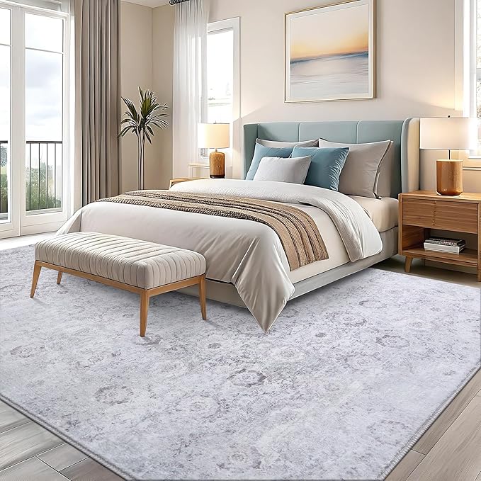Vanmoos 4x6 Area Rug - Machine Washable, Non-Slip Soft Carpet for Living Room, Bedroom, Office, Dining Room - Durable Accent Rug for Farmhouse & High-Traffic Areas, Nordic Serenity/Grey