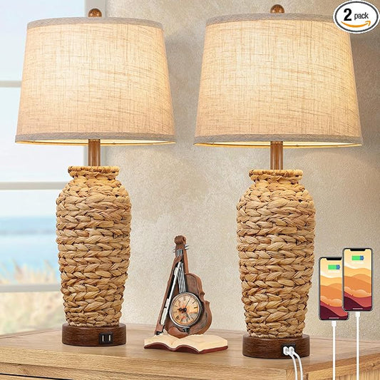 Set of 2 Rattan Table Lamps, 27in Tall Boho Table Lamps with 2 USB Charging Ports, Farmhouse Rustic Woven Seagrass Bedside Lamps for Living Room Bedroom Nightstand End Table, E26 Socket, Cream Shade