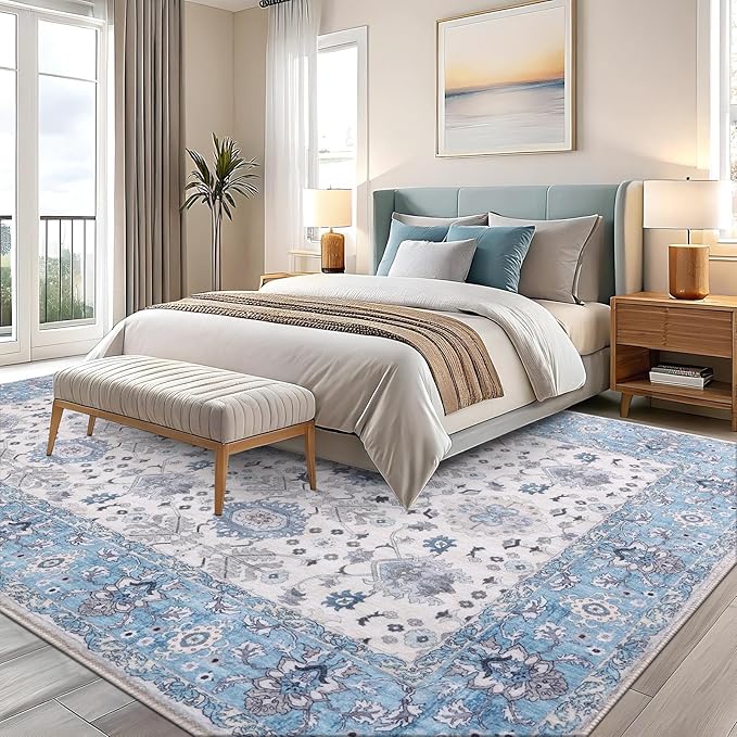 Vanmoos 4x6 Area Rug - Machine Washable, Non-Slip Soft Carpet for Living Room, Bedroom, Office, Dining Room - Durable Accent Rug for Farmhouse & High-Traffic Areas, Cozy Elegance/Blue
