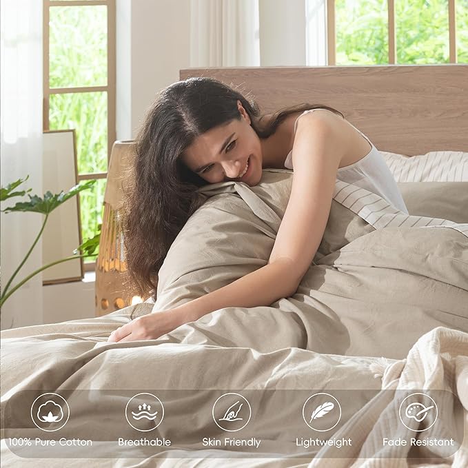 MooMee Bedding Duvet Cover Set 100% Washed Cotton Linen Like Textured Breathable Durable Soft Comfy (Heathered Tannish Linen Grey, Full 80"x90")