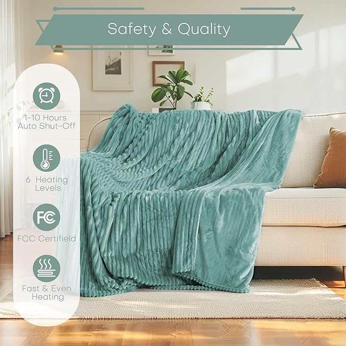 Electric Heated Blanket Full Size 72"x84" with Cozy Flannel, 6 Heat Settings & 10 Hours Auto Off, Soft & Cozy Warming Throw for Home, Office, or Bed, Machine Washable, Bean Green