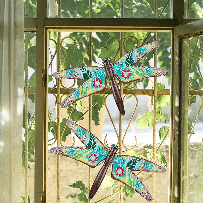 VCUTEKA Outdoor Metal Dragonfly Wall Decor Dragonfly Wall Sculpture Hanging Garden Wall Art Sculpture for Indoor Outdoor Patio Fence Decor Large
