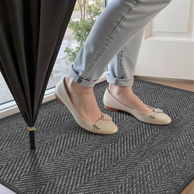 ENHASIV Ultra Thin Indoor Door Mat 24"x47", Washable Door Mat Indoor Entrance, Non Slip Rubber Backing Doormat Low-Profile Inside Entryway Mat, Unique Herringbone Design Entry Mat, Dark Grey (FOLD)