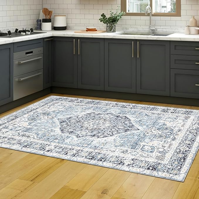 Domitapis Area Rug 3×5, Vintage Boho Rug,Ultra-Soft Low Pile, Washable, Non Slip,Stain Resistant Printed Carpet for Living Room Bedrooms Playroom Office Kitchen, Light Blue