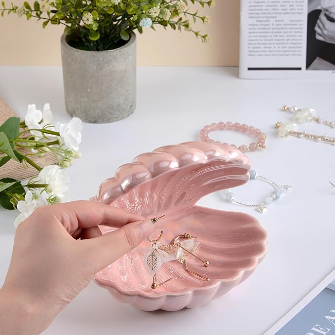Denique Shell Jewelry Dish Tray, Ceramic Trinket Tray Clamshell Jewelry Storage Dish, Ring Holder Dish Key Bowl, Decorative Jewelry Plate, Cute Jewelry Organizer for Room Decor (Pink)