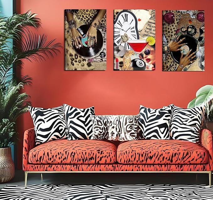 3 Pcs Leopard Wall Art , Black Woman Cheetah Print Room Posters Print Lucky 8 Ball Art, Funky Women's Aesthetic Room Pictures Girls Dorm Canvas Wall Art Decor for Dorm, Apartments, Bathroom, Bedroom 16*24 in