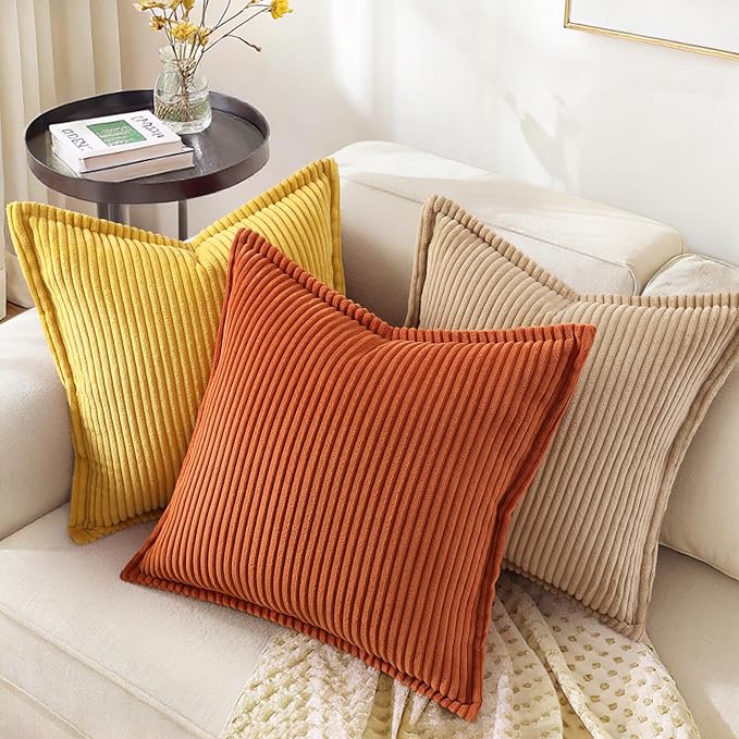 decorUhome Spring Corduroy Mustard Yellow Throw Pillow Covers 18x18 Set of 2 Decorative Soft Boho Farmhouse Couch Pillow Covers for Living Room Bed Sofa Broadside Striped Pillow Cases