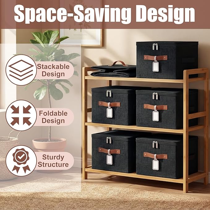 6 Pack Fabric Storage Bins with Lids and Label, 10×8×7Inch Foldable Cotton Linen Cute Storage Boxes with PU Leather Handles for Closet, Bedroom, Shelf, Nursery, Black