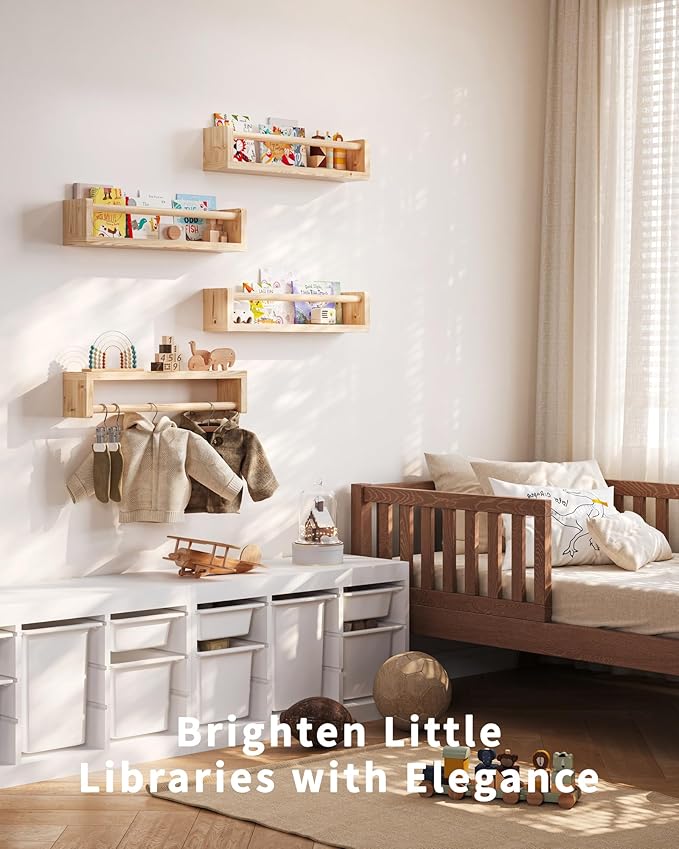 Nursery Wall Bookshelf Set of 4, Floating Bookshelves for Kids' Rooms, Toddler Bedroom Decor, Nursery (Wood, 16.5 Inches)