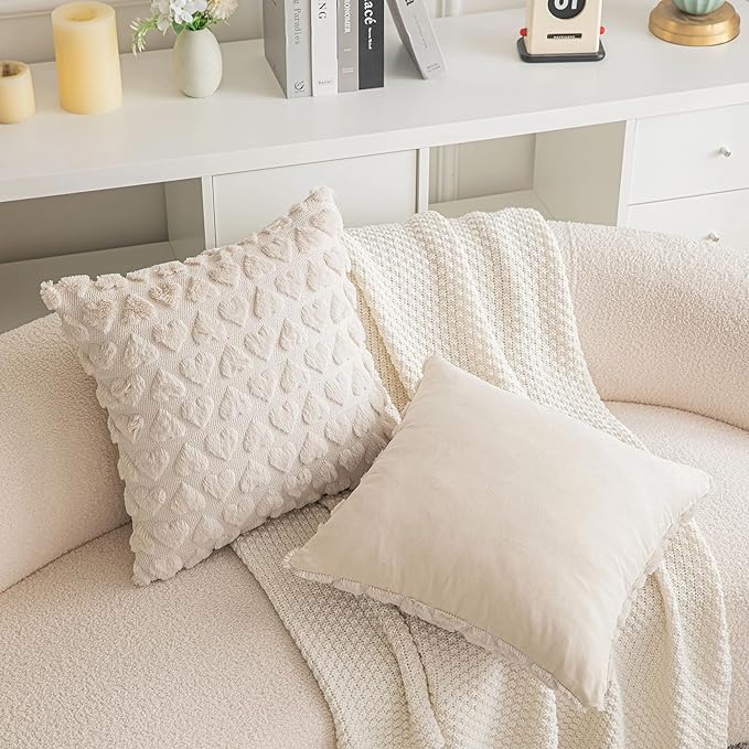 AQOTHES Set of 2 Heart Love Cute Beige Decorative Valentines Throw Pillow Covers 18x18, Soft Plush Faux Fur Pillow Covers for Couch Sofa Home Valentines Day Decoration