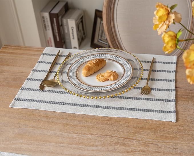 Caflife Boho Farmhouse Placemats Set of 6, Grey Stripes Cotton Linen Woven Table Mats for Modern Dining Table, 13x19 Inch Rustic Kitchen Decor Place Mats