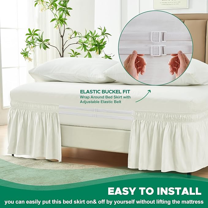 Biscaynebay Wrap Around Bed Skirts for Queen Beds 15" Drop, Ivory Adjustable Elastic Dust Ruffles Easy Fit Wrinkle & Fade Resistant Silky Luxurious Fabric Machine Washable