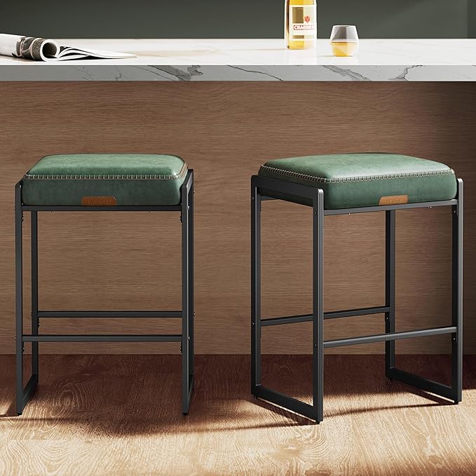 VASAGLE EKHO Collection - Bar Stools Set of 2, Counter Height Bar Stools, Synthetic Leather with Stitching, Mid-Century Modern Counter Stools, 26-Inch Tall, Kichen Home Bar Dining Room, Forest Green