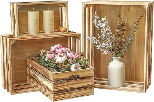 Large Torched Wood Storage Crates Decorative, Set of 4 Nesting Wooden Crates for Display Rustic, Farmhouse Wooden Storage Container Boxes Made from 100% Wood