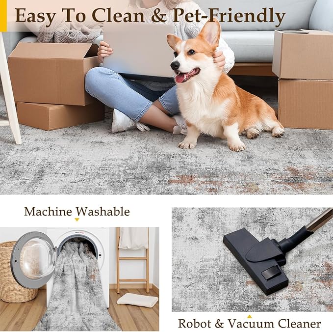 WondRg 5x7 Washable Area Rug Grey Rust Abstract Living Room Bedroom Carpet Neutral Modern Non-Slip Soft Low Pile Lightweight Vacuumable Throw Rug for Dining Room Entryway